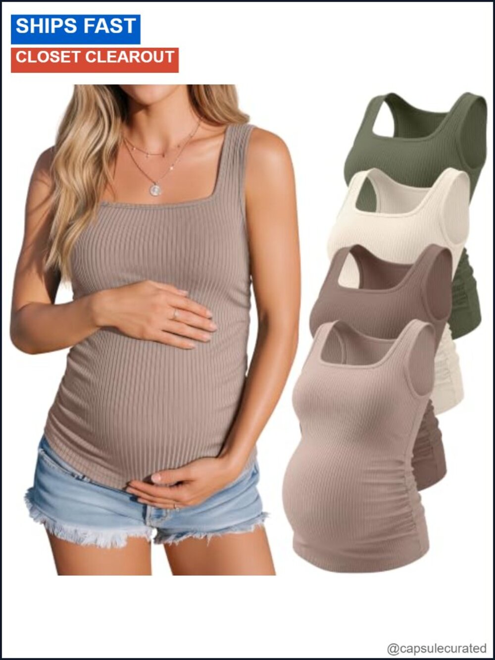 Maternity Ribbed Tank Tops 4 Pack Square Neck Sleeveless Cotton Blend